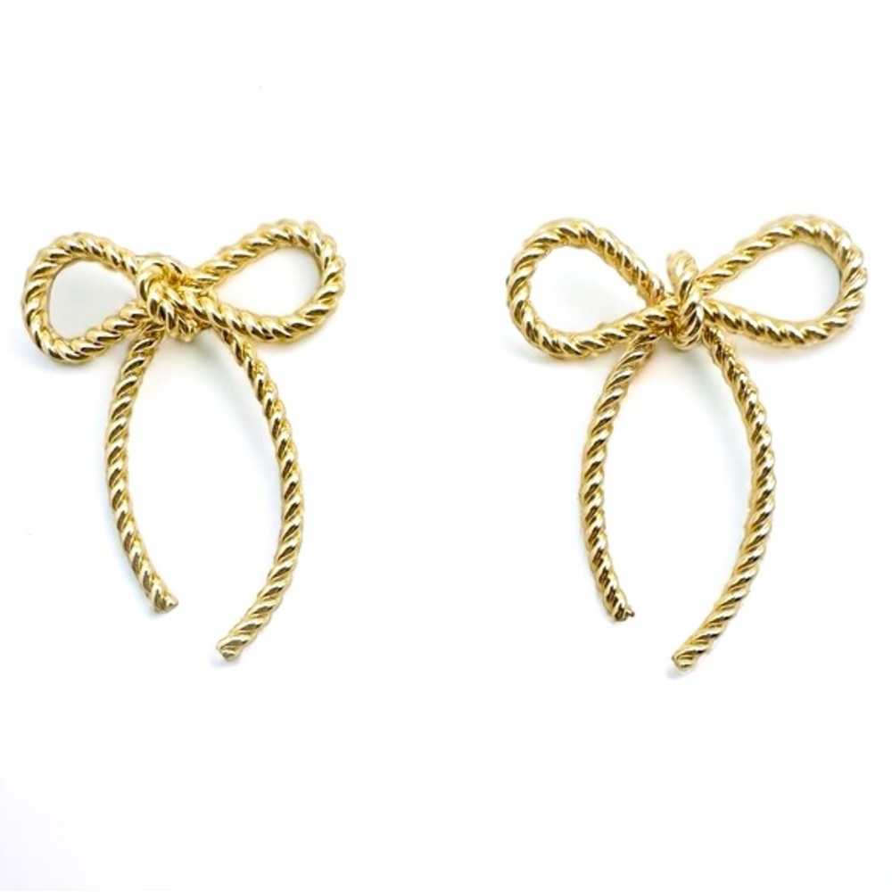 Gold Tone Rope Bow Tie Dainty Trending Stud Earrings - Picture 1 of 5